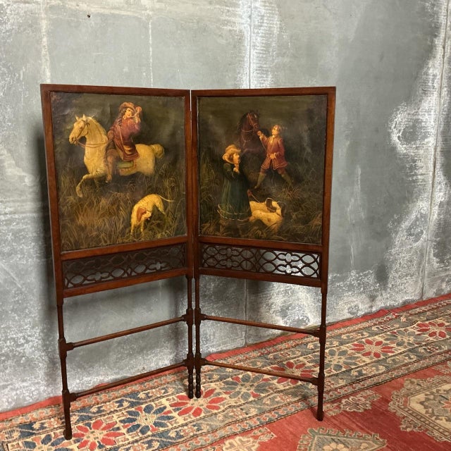 Brown Edwardian Mahogany Screen Set with Hunting Oil Paintings, 1905 For Sale - Image 8 of 8