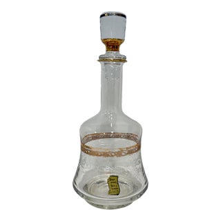 Italy Decanter Glass 1960s W/ Stopper & Sticker Gold Trim Etched Floral Pattern For Sale