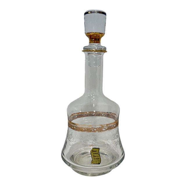 Italy Decanter Glass 1960s W/ Stopper & Sticker Gold Trim Etched Floral Pattern For Sale