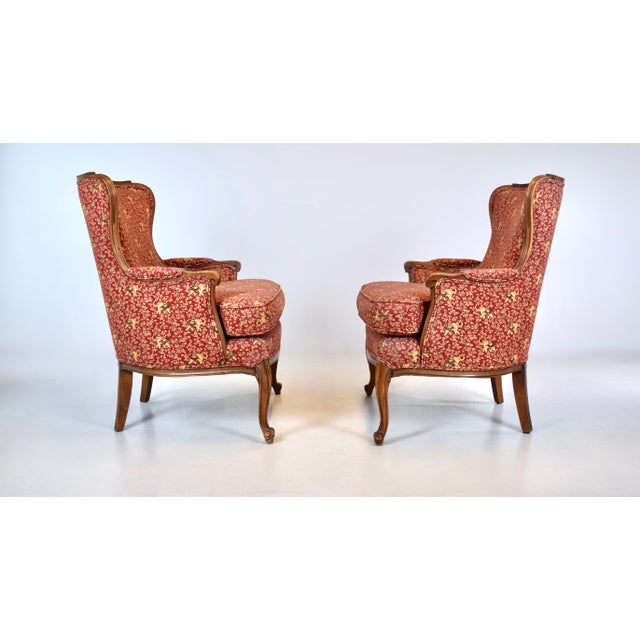 French Carved Walnut Bergere Chairs, Louis XV Style, Upholstered, Usa For Sale - Image 3 of 10