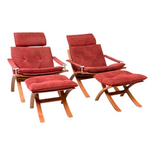 Danish Laxy Lounge Chairs with Ottomans from Skipper Furniture, 1970s, Set of 4 For Sale