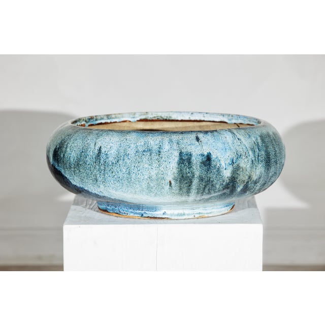 Vintage Shigaraki-Style Light Blue Planter with Organic Glaze and Wide Opening For Sale In New York - Image 6 of 18