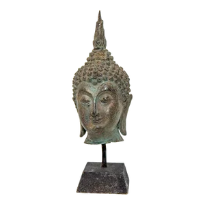 Small Antique Bronze Buddha Head Sculpture With Verdigris on Stand
