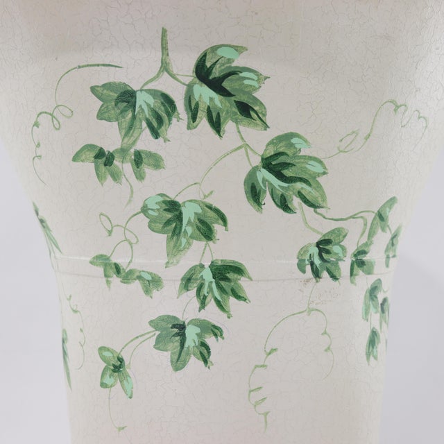 Antique White Pair of Vintage Hand-Painted Tole Planters With Wooden Bases and Green Ivy Motif For Sale - Image 8 of 11