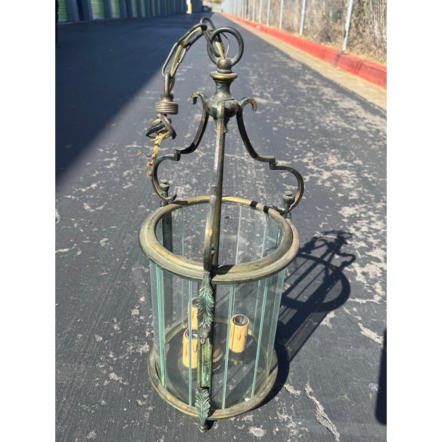 1950s 3-Light Brass & Belved Glass Cylinder Foyer Chandelier / Lantern For Sale - Image 12 of 12