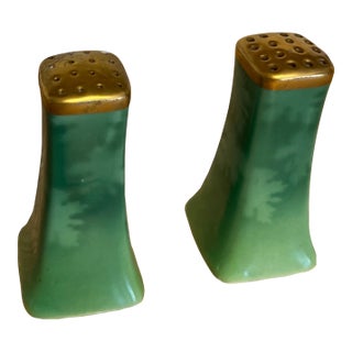 1930s Pickard China Green and Gold Salt & Pepper Shakers, Set of 2 For Sale