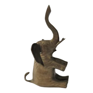 Vintage Late 20th Century Brass Elephant Sitting Trunk Up Statue Figure Prosperity Good Luck