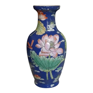 Tall Chinoiserie Cobalt Blue Ceramic Vase With Floral and Bird Motif