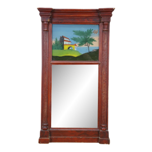 Antique Federal Flame Mahogany Reverse Painted Trumeau Wall Mirror