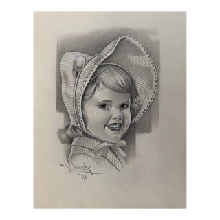 1940s Original Signed Graphite Illustration of Smiling Girl in Bonnet, 10.75 × 8.5 In. For Sale