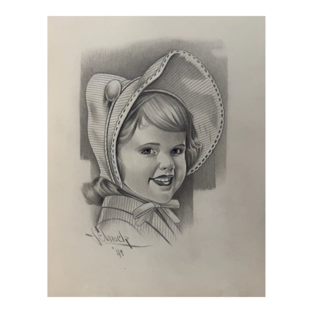 1940s Original Signed Graphite Illustration of Smiling Girl in Bonnet, 10.75 × 8.5 In. For Sale