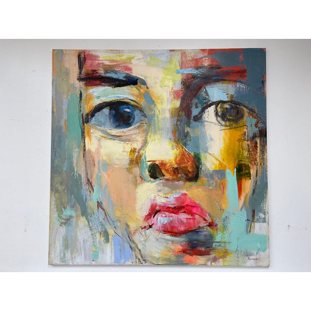 This bold 48” x 48” original oil painting offers a captivating close-up of a human face rendered in a modern abstract...