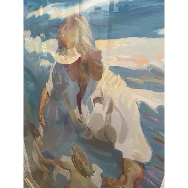 Offered is a vintage framed and signed original print. This very large piece features a woman and two children playing at...