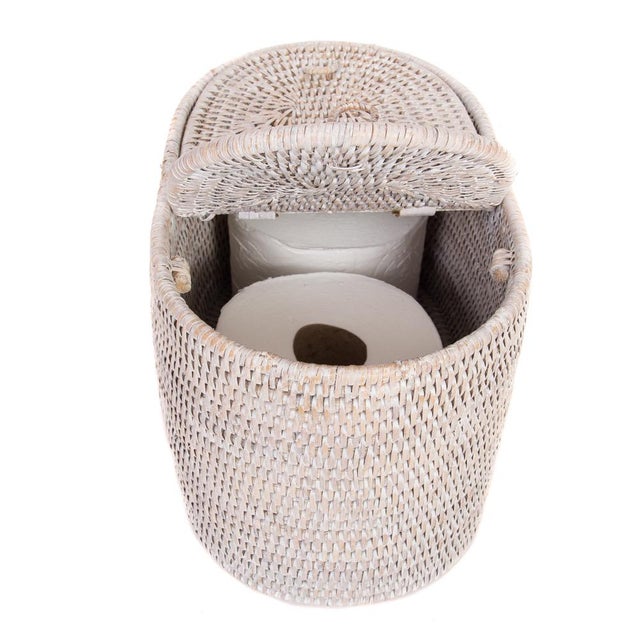 Boho Chic Artifacts Rattan Oval Double Tissue Roll Box in White Wash For Sale - Image 3 of 6