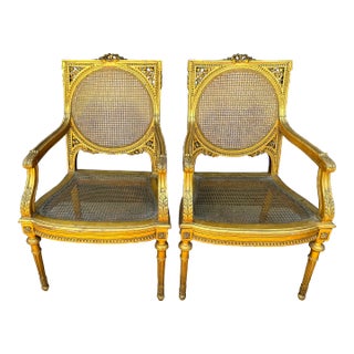 Antique French Louis Gilt Wood and Cane Armchairs - a Pair For Sale