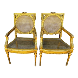 Antique French Louis Gilt Wood and Cane Armchairs - a Pair