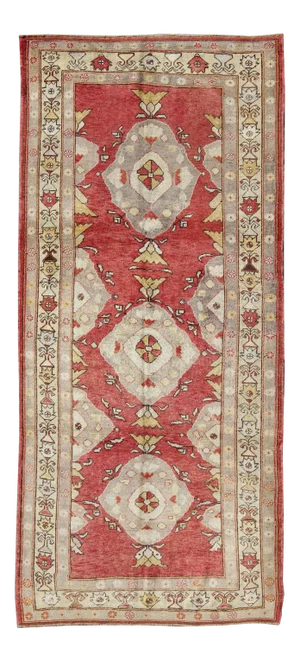 Red Background Vintage Turkish Oushak Runner in Gray, Cream, Yellow Colors
