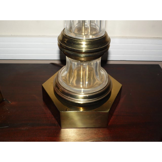 Vintage Hollywood Regency Chapman Banded Brass & Crystal Glass Table Lamps - a Pair For Sale - Image 9 of 13