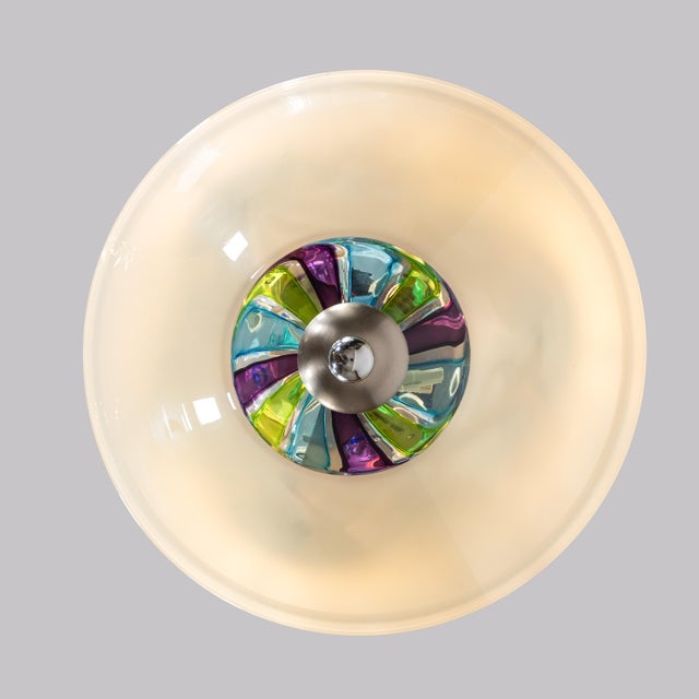 White Mid-Century Murano With Tricolor Underside Roundel: Teal, Aubergine, Chartreuse in the Manner of Barovier For Sale - Image 8 of 18