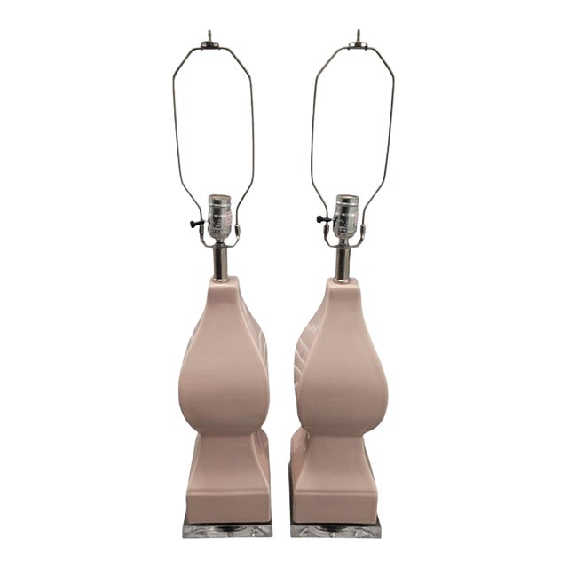 Vintage Coastal Pale Blush Pink Lucite Base Urn Style Table Lamps - a Pair For Sale