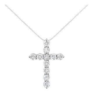 .925 Sterling Silver 1.0 Cttw Prong Set Round-Cut Diamond Cross 18" Pendant Necklace For Sale