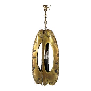 Mid Century Modern Brutalist Torchcut Brass Pendant Light Fixture Tom Greene 60s For Sale