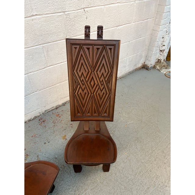 Wood Mid 20th Century Pair of Geometric Carved Low Slung Tribal Palaver Chief Chairs For Sale - Image 7 of 13