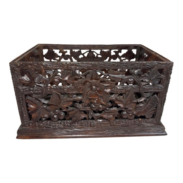 Antique Hand Carved German Black Forest Wood Reticulated Dresser Spool Box For Sale