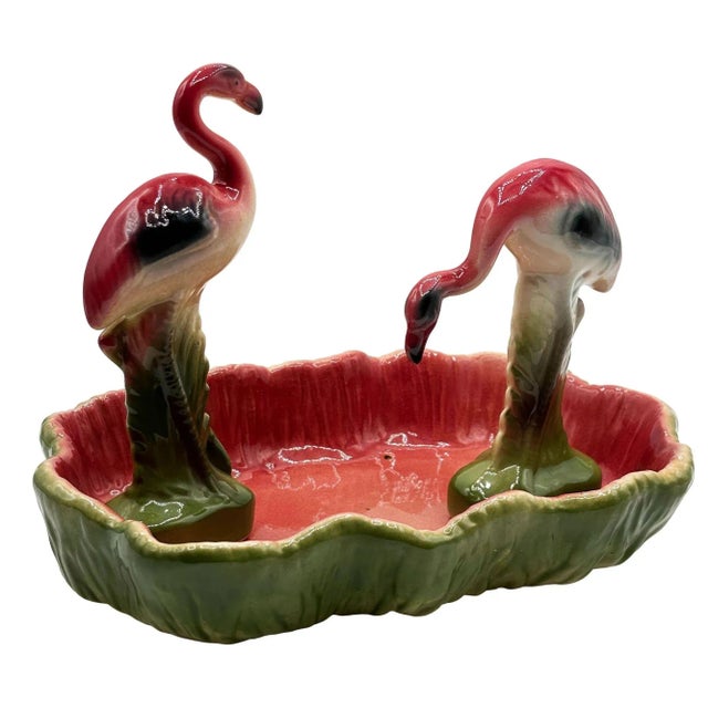 Mid-Century Modern Mid-Century Modern California Pottery Ceramic Flamingo Figurine Set With Tropical Pond Tray - 3 Piece Set For Sale - Image 3 of 17