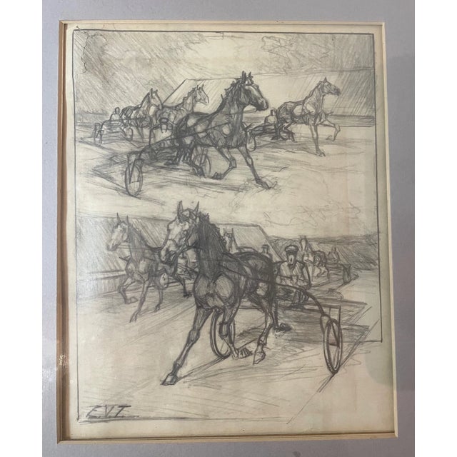 Realism Antique Original Pencil Drawing Horse Harness Track Racing Realism Evt Sketch For Sale - Image 3 of 14