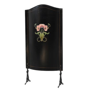 Art Nouveau Black Lacquer Fire Screen with Floral Motif, France, 1910 For Sale