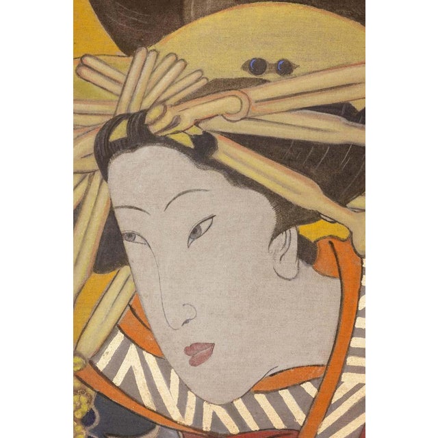 Painted canvas, or decorative panel, representing a Japanese woman in traditional costume. Contemporary work by French...
