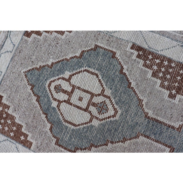Long Turkish Oushak Runner With Soft Green Field and Beige Medallions For Sale - Image 16 of 16