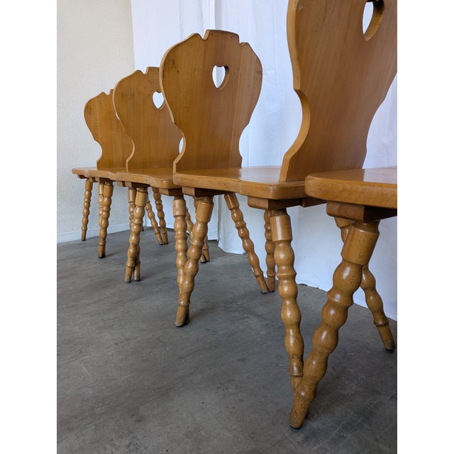 1970s Vintage Tyrolean Farmhouse Heart Cutout Wooden Dining Chairs, 1970s, Set of 6 For Sale - Image 5 of 18