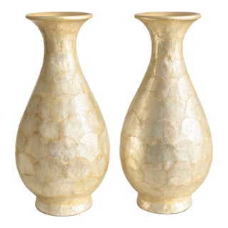 Pair of Tall Cream Capiz Shell Mosaic Decorative Vases For Sale