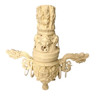 Vintage Asian Faux Ivory Vase With Ornate Sculptures and Dragon Handles For Sale