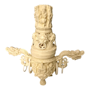 Vintage Asian Faux Ivory Vase With Ornate Sculptures and Dragon Handles