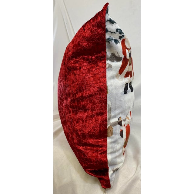 Festive Santa Themed Christmas Bolster Pillow With Vibrant Red Velour-Like Back - Made in U K For Sale - Image 11 of 12