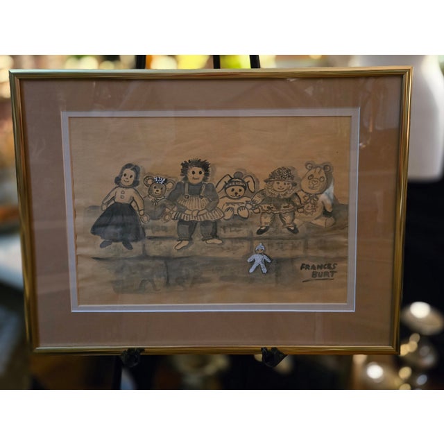 Vintage Signed and Framed Art Featuring Raggedy Ann & Friends by Frances Burt, Circa 1990's Drawing. Beautiful Gold Metal...