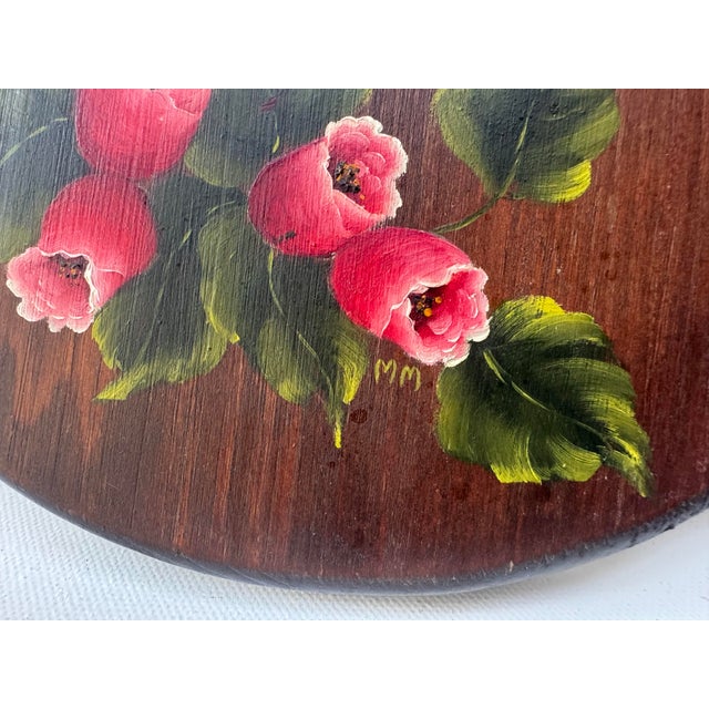Vintage Hand Painted Floral Wood Wall Mirror Folk Art Pink Flowers For Sale - Image 6 of 9