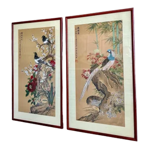 Pair Chinese Asian Silk Watercolor 1940s Framed Paintings