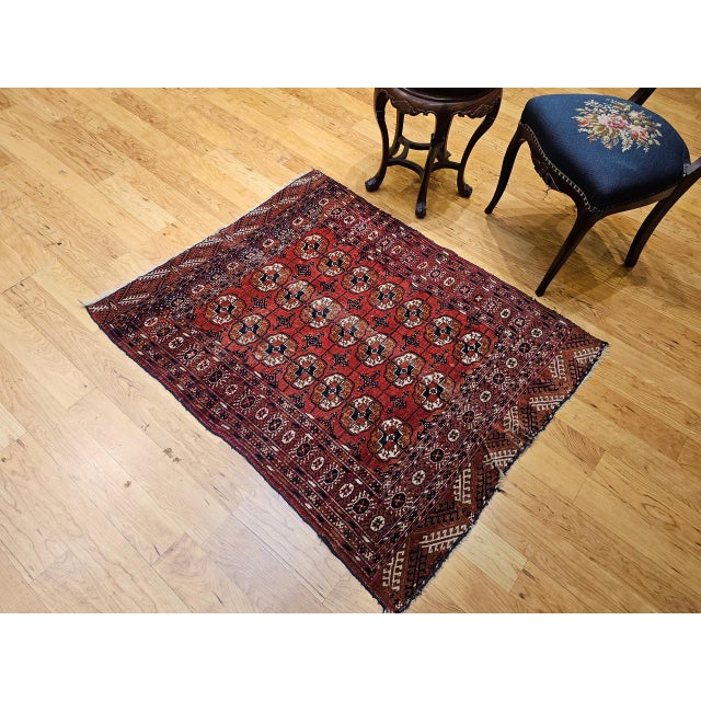Tribal Vintage Turkmen Tekke Area Rug in Allover Geometric Pattern in Brick-Red, Navy, Ivory, Brown For Sale - Image 3 of 16