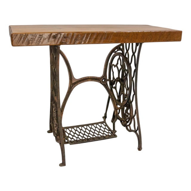 Vintage French Wrought Iron and Oak Side Table with Sewing Machine Base, 1960s For Sale