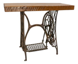 Vintage French Wrought Iron and Oak Side Table with Sewing Machine Base, 1960s