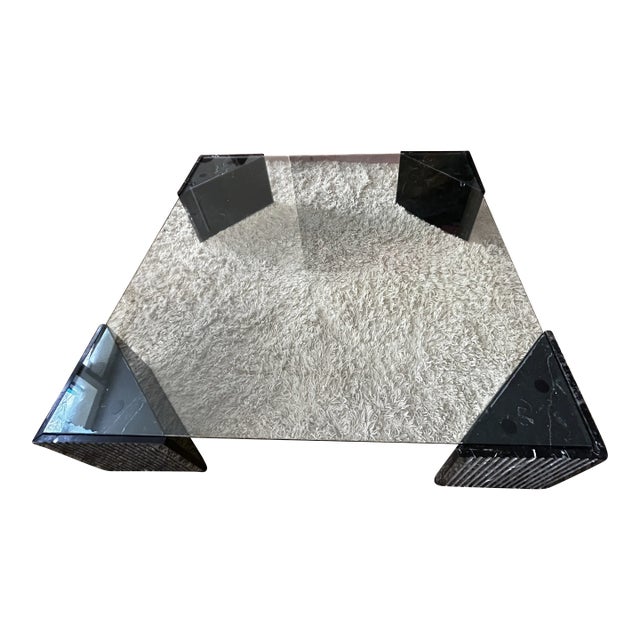 Minimalist Custom Made Italian Fluted Marble and Glass Coffee Table For Sale