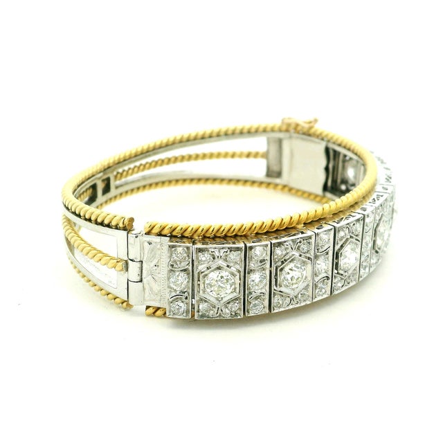 French Art Deco Platinum, 18k Gold & 6.11 Carat Diamond Bracelet, Circa 1930 For Sale - Image 4 of 11