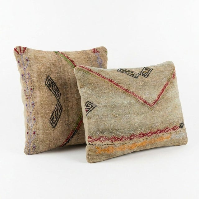 Mid-Century Modern Anatolian Kilim Lumbar Pillow Cover 16'' X 16'' & 14'' X 20'' - Set of Two For Sale - Image 3 of 4
