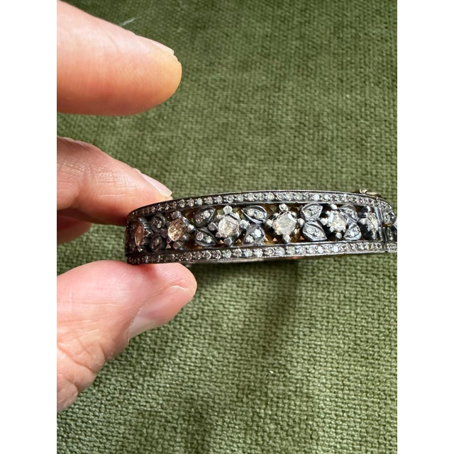 Art Deco Bochic “Capri” Vintage Multi Rose Cut Diamond Bangle-Set 18K Gold & Silver For Sale - Image 3 of 12