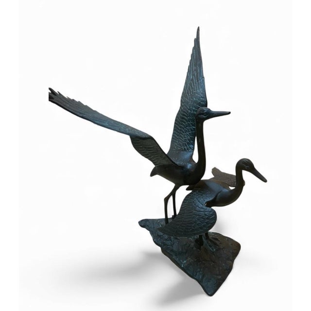 Mid-Century Modern Verdigris Bronze Crane & Heron Sculpture on Faux Stone Base For Sale In West Palm - Image 6 of 10