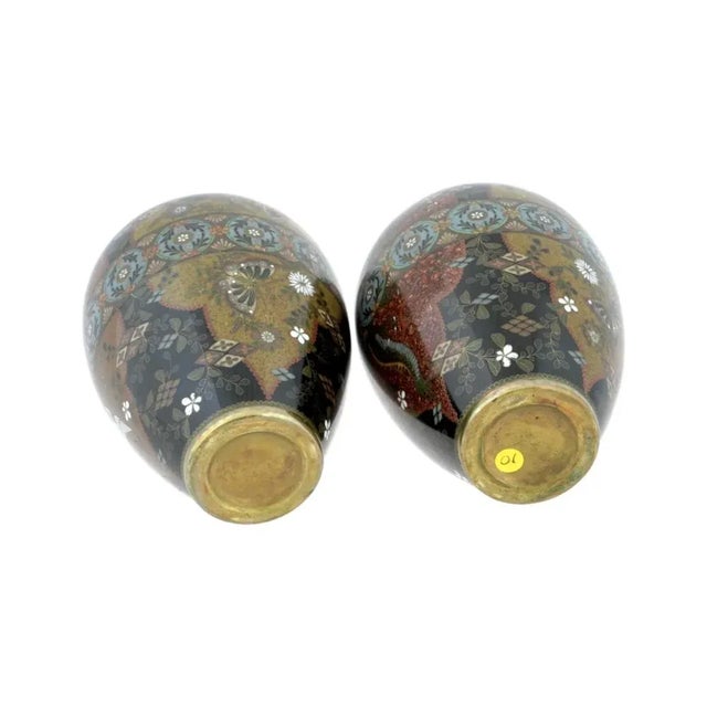 Antique Pair of Early Meiji Japanese Cloisonne Enamel Dragon Crane Butterfly Vases Attributed to Honda For Sale In New York - Image 6 of 6